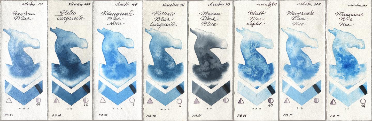 Winsor & Newton Professional 137 Cerulean Blue, Shminke Horadam Aquarell 475 Helio Turquoise, Holbein Artists Watercolor 105 Manganese Blue Nova, Daniel Smith 247 Phthalo Blue Turquoise, 213 Mayan Dark Blue, Roman Szmal Aquarius 411 Cobalt Blue Light, 379 Manganese Blue Hue, 051 Manganese Blue H watercolor swatch