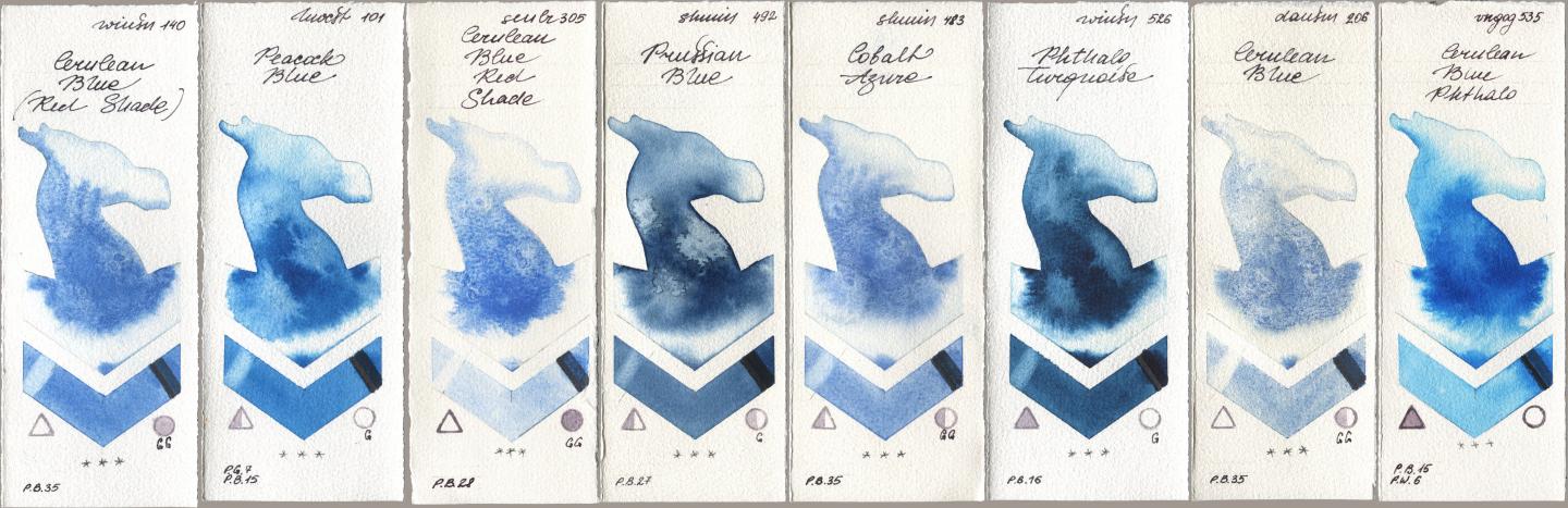 Winsor & Newton Professional 140 Cerulean Blue (Red Shade), Holbein Artists Watercolor 101 Peacock Blue, Sennelier l Aquarelle 305 Cerulean Blue Red Shade, Shminke Horadam Aquarell 492 Prussian Blue, 483 Cobalt Azure, 526 Phthalo Turquoise, Daniel Smith 206 Cerulean Blue, Royal Talens Van Gogh Watercolour 535 Cerulean Blue Phtha watercolor swatch