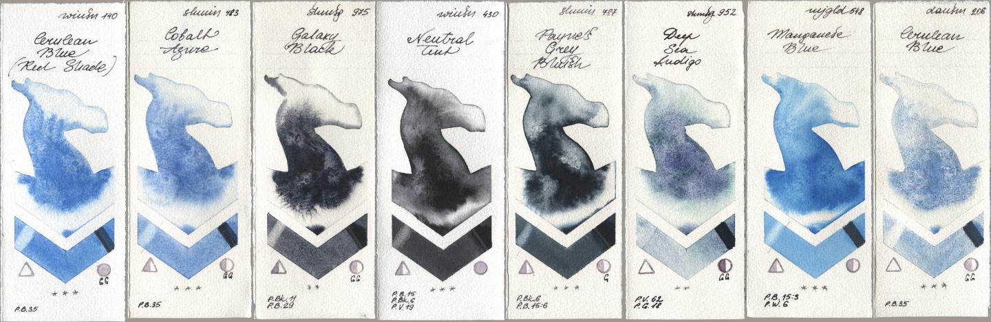 Winsor & Newton Professional 140 Cerulean Blue (Red Shade), Shminke Horadam Aquarell 483 Cobalt Azure, 975 Galaxy Black, 430 Neutral Tint, 787 Paynes Grey Bluish, 952 Deep Sea Indigo, Mijello Mission Gold 548 Manganese Blue, Daniel Smith 206 Cerulean Bl watercolor swatch