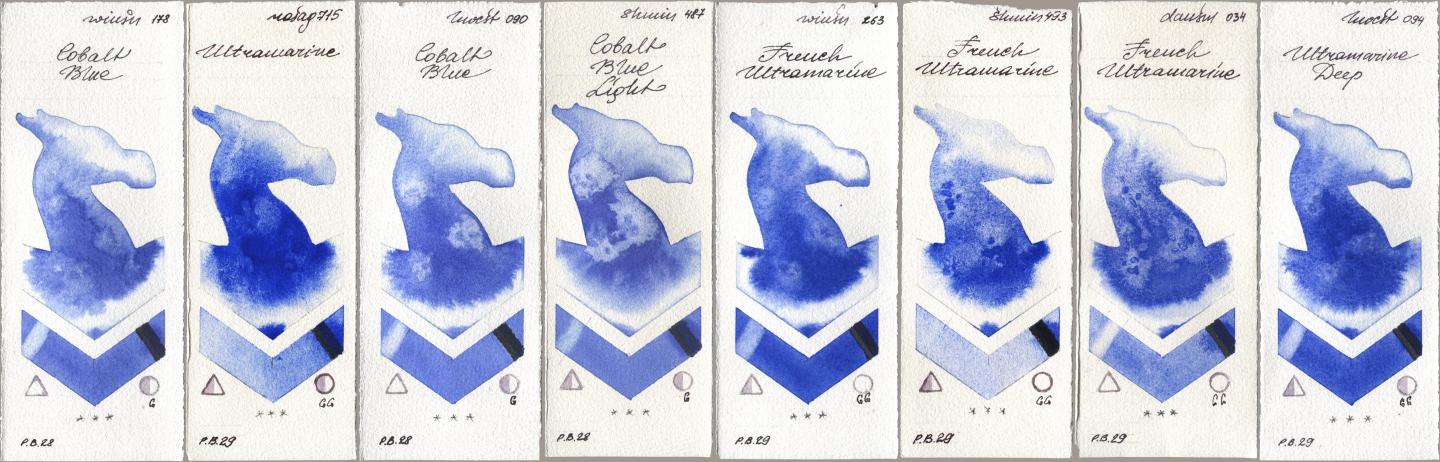 Winsor & Newton Professional 178 Cobalt Blue, Rosa Gallery 715 Ultramarine, Holbein Artists Watercolor 090 Cobalt Blue, Shminke Horadam Aquarell 487 Cobalt Blue Light, 263 French Ultramarine, 493 French Ultramarine, Daniel Smith 034 French Ultramarine, 094 Ultramarine De watercolor swatch