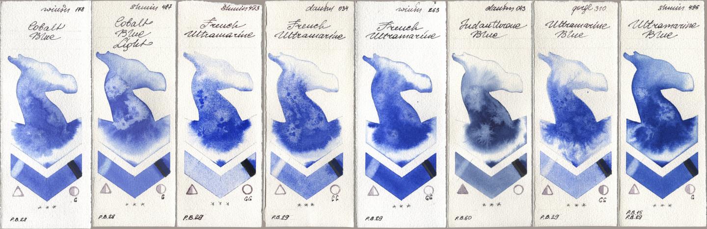 Winsor & Newton Professional 178 Cobalt Blue, Shminke Horadam Aquarell 487 Cobalt Blue Light, 493 French Ultramarine, Daniel Smith 034 French Ultramarine, 263 French Ultramarine, 043 Indanthrone Blue, Golden QOR 310 Ultramarine Blue, 496 Ultramarine Bl watercolor swatch