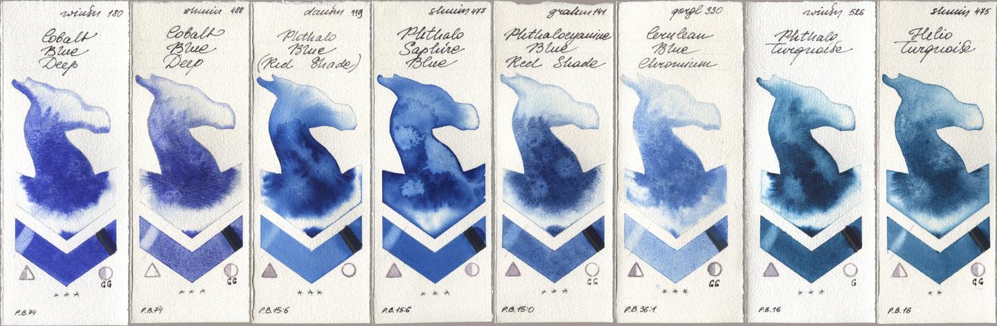Winsor & Newton Professional 180 Cobalt Blue Deep, Shminke Horadam Aquarell 488 Cobalt Blue Deep, Daniel Smith 119 Phthalo Blue (Red Shade), 477 Phthalo Saphire Blue, M. Graham & Co. Artists 141 Phthalocyanine Blue Red Shade, Golden QOR 330 Cerulean Blue, Chromium, 526 Phthalo Turquoise, 475 Helio Turquoi watercolor swatch