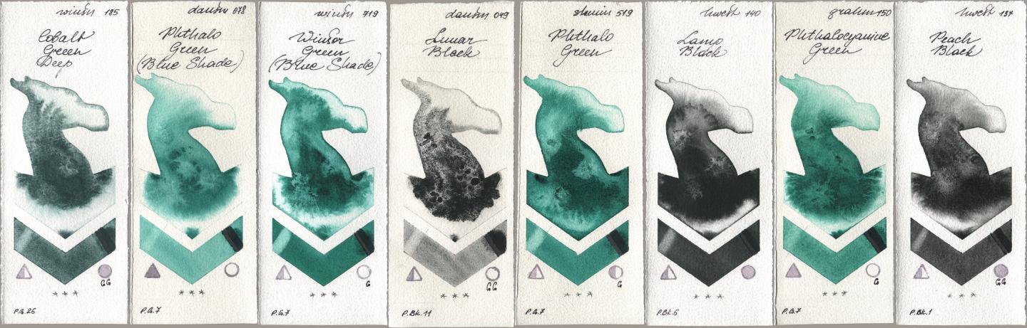 Winsor & Newton Professional 185 Cobalt Green Deep, Daniel Smith 078 Phthalo Green (Blue Shade), 719 Winsor Green (Blue Shade), 049 Lunar Black, Shminke Horadam Aquarell 519 Phthalo Green, Holbein Artists Watercolor 140 Lamp Black, M. Graham & Co. Artists 150 Phthalocyanine Green, 137 Peach Bla watercolor swatch