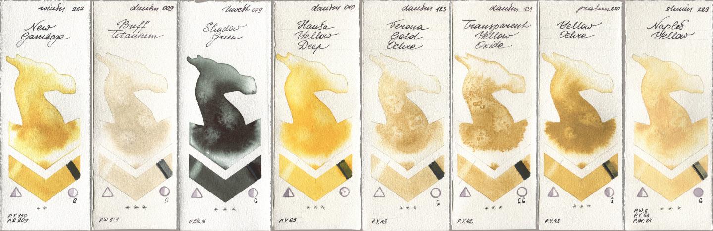 Winsor & Newton Professional 267 New Gamboge, Daniel Smith 009 Buff Titanium, Holbein Artists Watercolor 079 Shadow Green, 040 Hansa Yellow Deep, 123 Verona Gold Ochre, 131 Transparent Yellow Oxide, M. Graham & Co. Artists 200 Yellow Ochre, Shminke Horadam Aquarell 229 Naples Yell watercolor swatch