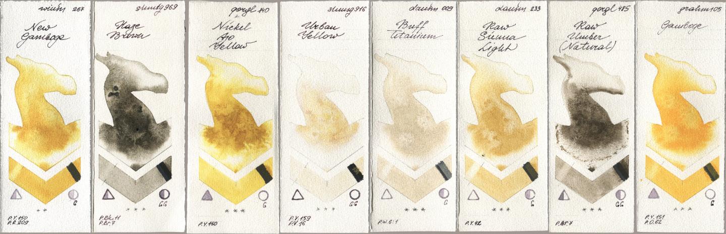 Winsor & Newton Professional 267 New Gamboge, Shminke Horadam Aquarell 969 Haze Brown, Golden QOR 140 Nickel Azo Yellow, 916 Urban Yellow, Daniel Smith 009 Buff Titanium, 233 Raw Sienna Light, 485 Raw Umber (Natural), M. Graham & Co. Artists 105 Gambo watercolor swatch