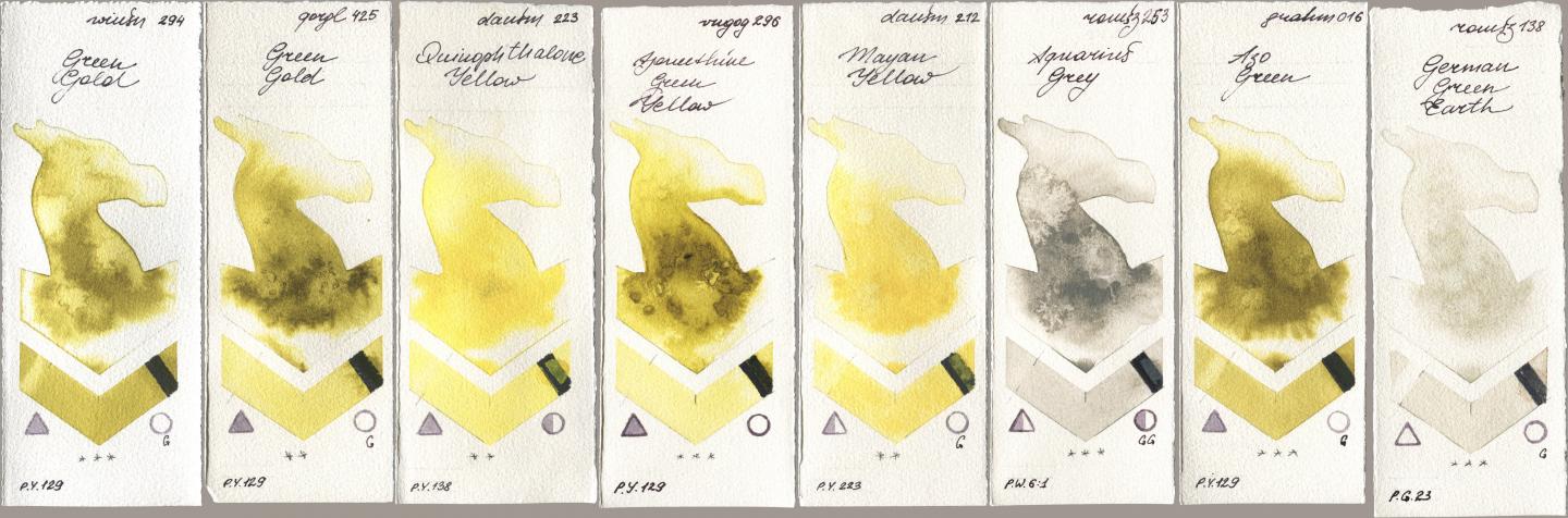 Winsor & Newton Professional 294 Green Gold, Golden QOR 425 Green Gold, Daniel Smith 223 Quinophthalone Yellow, Royal Talens Van Gogh Watercolour 296 Azomethine Green Yellow, 212 Mayan Yellow, Roman Szmal Aquarius 253 Aquarius Grey, M. Graham & Co. Artists 016 Azo Green, 138 German Green Ear watercolor swatch