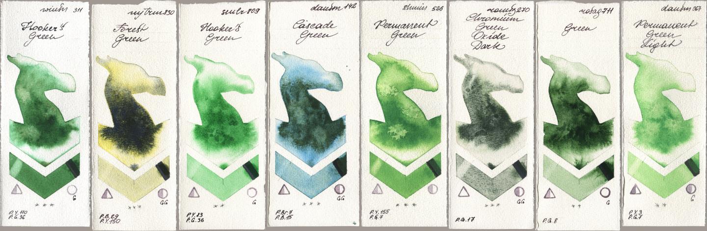 Winsor & Newton Professional 311 Hookers Green, Mijello Mission Gold 830 Forest Green, Sennelier l Aquarelle 809 Hookers Green, Daniel Smith 142 Cascade Green, Shminke Horadam Aquarell 526 Permanent Green, Roman Szmal Aquarius 270 Chromium Green Oxide Dark, Rosa Gallery 711 Green, 067 Permanent Green Lig watercolor swatch