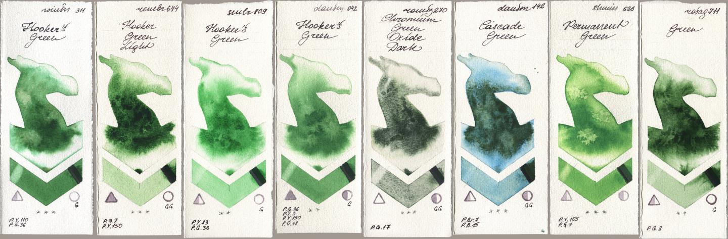 Winsor & Newton Professional 311 Hookers Green, Royal Talens Rembrandt Watercolour 644 Hooker Green Light, Sennelier l Aquarelle 809 Hookers Green, Daniel Smith 042 Hookers Green, Roman Szmal Aquarius 270 Chromium Green Oxide Dark, 142 Cascade Green, Shminke Horadam Aquarell 526 Permanent Green, Rosa Gallery 711 Gre watercolor swatch
