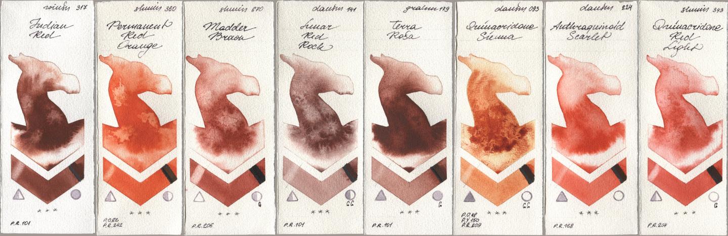 Winsor & Newton Professional 317 Indian Red, Shminke Horadam Aquarell 360 Permanent Red Orange, 670 Madder Brown, Daniel Smith 141 Lunar Red Rock, M. Graham & Co. Artists 179 Terra Rosa, 093 Quinacridone Sienna, 224 Anthraquinoid Scarlet, 343 Quinacridone Red Lig watercolor swatch