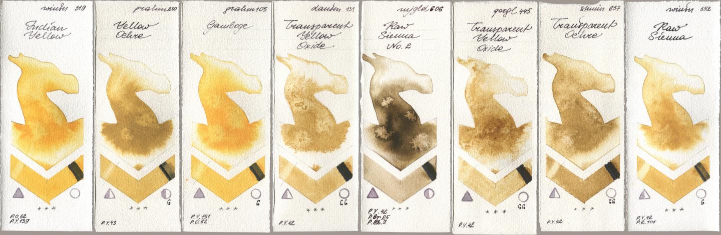 Winsor & Newton Professional 319 Indian Yellow, M. Graham & Co. Artists 200 Yellow Ochre, 105 Gamboge, Daniel Smith 131 Transparent Yellow Oxide, Mijello Mission Gold 606 Raw Sienna No 2, Golden QOR 445 Transparent Yellow Oxide, Shminke Horadam Aquarell 657 Transparent Ochre, 552 Raw Sien watercolor swatch