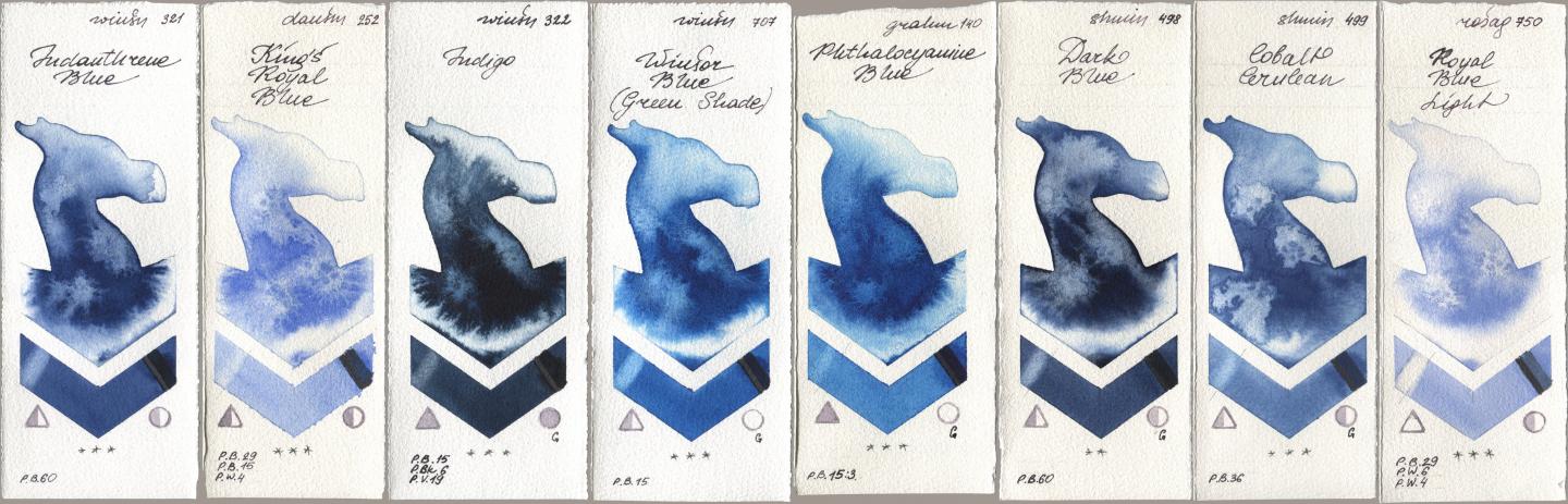 Winsor & Newton Professional 321 Indanthrene Blue, Daniel Smith 252 King’s Royal Blue, 322 Indigo, 707 Winsor Blue (Green Shade), M. Graham & Co. Artists 140 Phthalocyanine Blue, Shminke Horadam Aquarell 498 Dark Blue, 499 Cobalt Cerulean, Rosa Gallery 750 Royal Blue Lig watercolor swatch