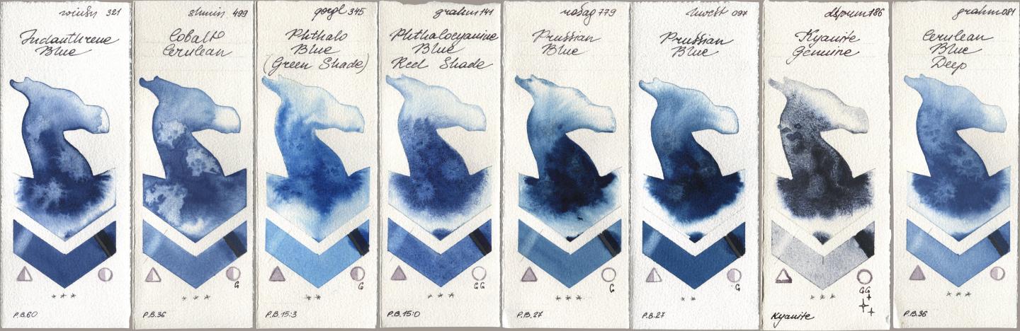 Winsor & Newton Professional 321 Indanthrene Blue, Shminke Horadam Aquarell 499 Cobalt Cerulean, Golden QOR 345 Phthalo Blue (Green Shade), M. Graham & Co. Artists 141 Phthalocyanine Blue Red Shade, Rosa Gallery 779 Prussian Blue, Holbein Artists Watercolor 097 Prussian Blue, Daniel Smith 186 Kyanite Genuine, 081 Cerulean Blue De watercolor swatch