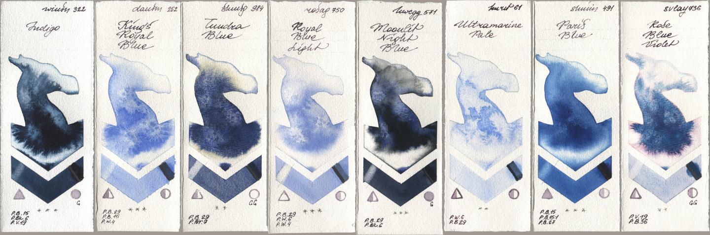 Winsor & Newton Professional 322 Indigo, Daniel Smith 252 King’s Royal Blue, Shminke Horadam Aquarell 984 Tundra Blue, Rosa Gallery 750 Royal Blue Light, Holbein Artists Watercolor 571 Moonlit Night Blue, Kuretake Gansai Tambi 061 Ultramarine Pale, 491 Paris Blue, SuperVision 736 Rose Blue Viol watercolor swatch