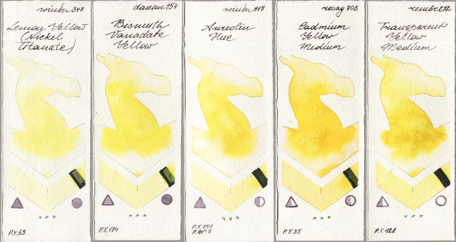 Winsor & Newton Professional 347 Lemon Yellow (Nickel Titanate) vs Daniel Smith 154 Bismuth Vanadate Yellow vs 417 Aureolin Hue vs Rosa Gallery 703 Cadmium Yellow Medium vs Royal Talens Rembrandt Watercolour 272 Transparent Yellow Medium watercolor swatch