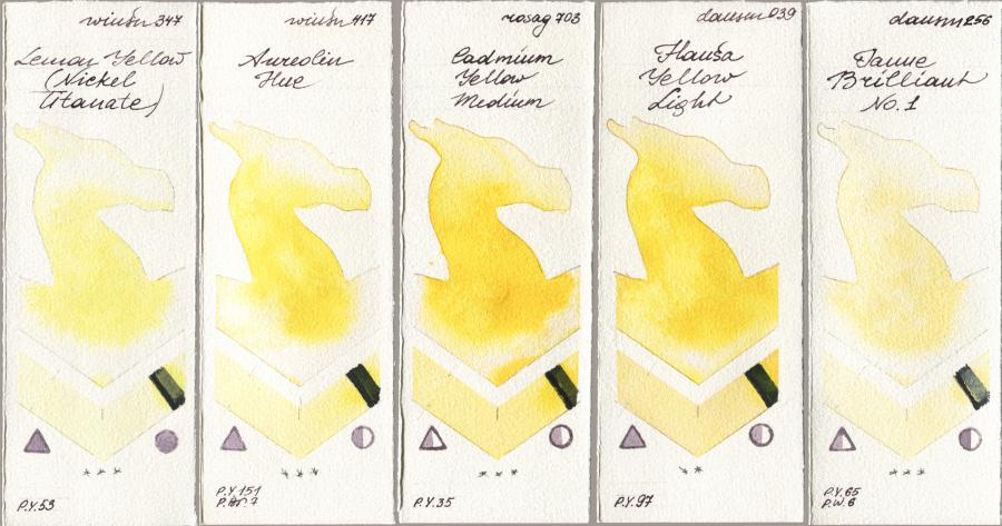 Winsor & Newton Professional 347 Lemon Yellow (Nickel Titanate) vs 417 Aureolin Hue vs Rosa Gallery 703 Cadmium Yellow Medium vs Daniel Smith 039 Hansa Yellow Light vs 256 Jaune Brilliant No 1 watercolor swatch