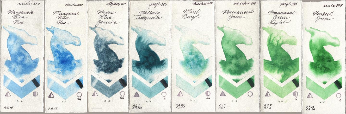 Winsor & Newton Professional 379 Manganese Blue Hue, Daniel Smith 051 Manganese Blue Hue, 211 Mayan Blue Genuine, Golden QOR 365 Phthalo Turquoise, Kusakabe 007 Mint Beryl, 070 Permanent Green, 385 Permanent Green Light, Sennelier l Aquarelle 809 Hookers Gre watercolor swatch