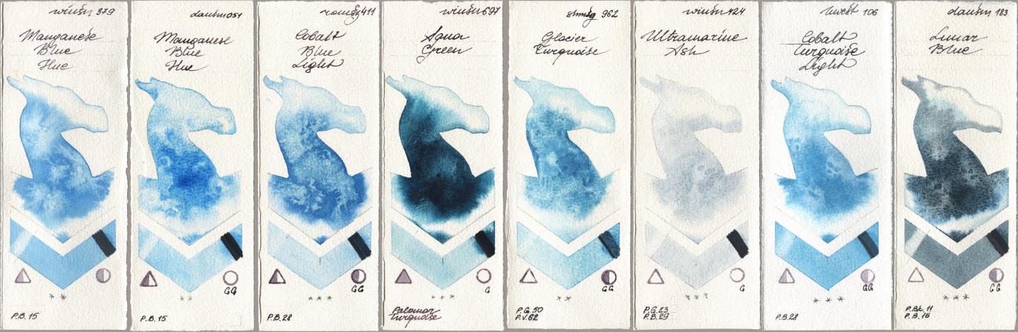 Winsor & Newton Professional 379 Manganese Blue Hue, Daniel Smith 051 Manganese Blue Hue, Roman Szmal Aquarius 411 Cobalt Blue Light, 697 Aqua Green, Shminke Horadam Aquarell 962 Glacier Turquoise, 424 Ultramarine Ash, Holbein Artists Watercolor 106 Cobalt Turquoise Light, 183 Lunar Bl watercolor swatch