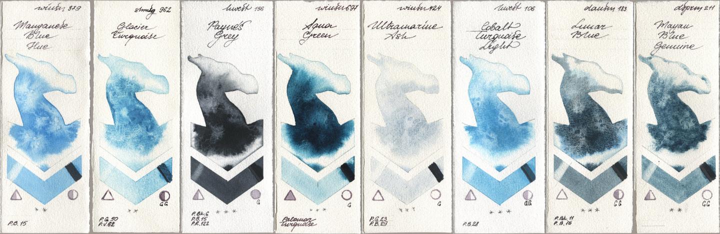 Winsor & Newton Professional 379 Manganese Blue Hue, Shminke Horadam Aquarell 962 Glacier Turquoise, Holbein Artists Watercolor 156 Paynes Grey, 697 Aqua Green, 424 Ultramarine Ash, 106 Cobalt Turquoise Light, Daniel Smith 183 Lunar Blue, 211 Mayan Blue Genui watercolor swatch