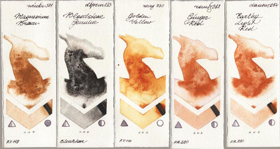 Winsor & Newton Professional 381 Magnesuim Brown vs Daniel Smith 193 Bloodstone Genuine vs Rosa Gallery 730 Golden Yellow vs Roman Szmal Aquarius 368 Genger Red vs 254 Earthy Light Red watercolor swatch