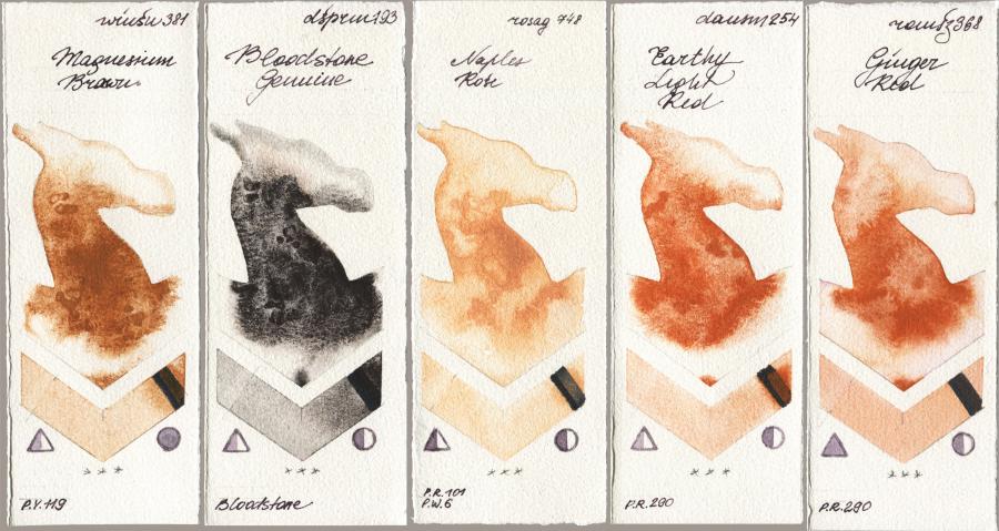 Winsor & Newton Professional 381 Magnesuim Brown vs Daniel Smith 193 Bloodstone Genuine vs Rosa Gallery 748 Naples Rose vs 254 Earthy Light Red vs Roman Szmal Aquarius 368 Genger Red watercolor swatch