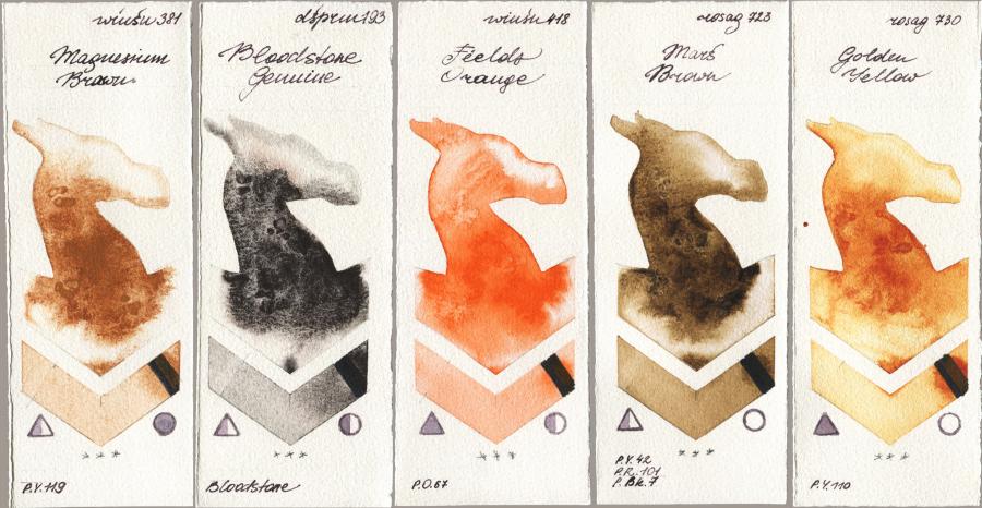 Winsor & Newton Professional 381 Magnesuim Brown vs Daniel Smith 193 Bloodstone Genuine vs 418 Fields Orange vs Rosa Gallery 723 Mars Brown vs 730 Golden Yellow watercolor swatch