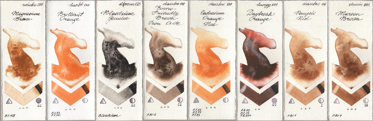 Winsor & Newton Professional 381 Magnesuim Brown, Holbein Artists Watercolor 047 Brilliant Orange, Daniel Smith 193 Bloodstone Genuine, 178 Enviro-Friendly Brown Iron Oxide, 220 Cadmium Orange Hue, 551 Daybreak Orange, 116 Pompeii Red, Shminke Horadam Aquarell 651 Maroon Bro watercolor swatch