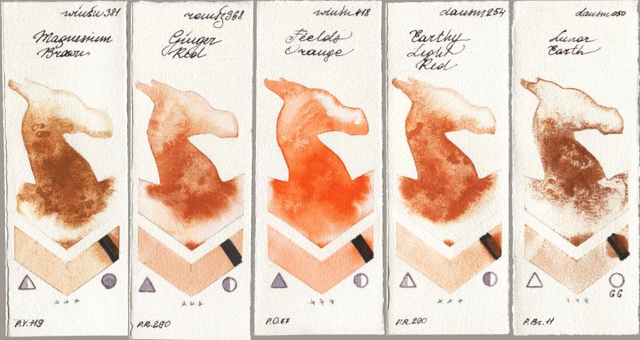 Winsor & Newton Professional 381 Magnesuim Brown vs Roman Szmal Aquarius 368 Genger Red vs 418 Fields Orange vs Daniel Smith 254 Earthy Light Red vs 050 Lunar Earth watercolor swatch