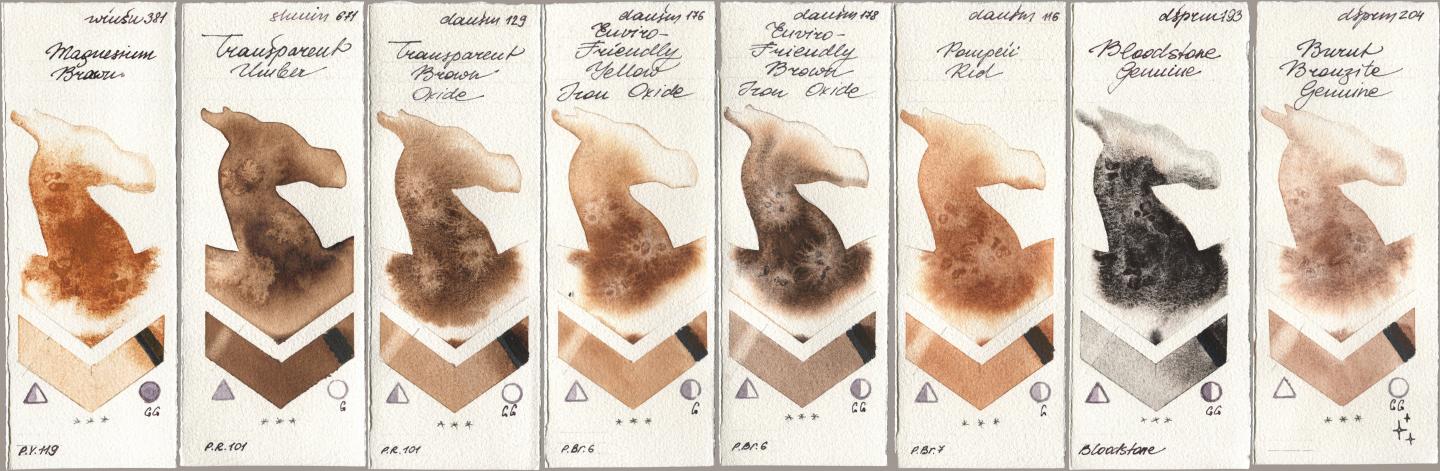 Winsor & Newton Professional 381 Magnesuim Brown, Shminke Horadam Aquarell 671 Transparent Umber, Daniel Smith 129 Transparent Brown Oxide, 176 Enviro-Friendly Yellow Iron Oxide, 178 Enviro-Friendly Brown Iron Oxide, 116 Pompeii Red, 193 Bloodstone Genuine, 204 Burnt Bronzite Genui watercolor swatch