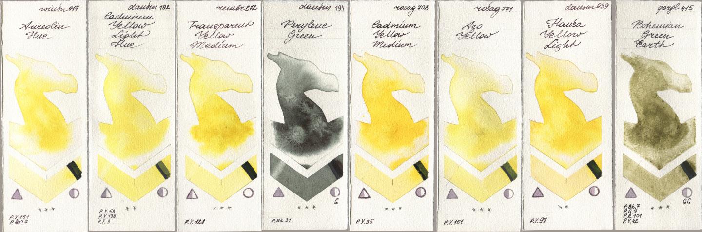 Winsor & Newton Professional 417 Aureolin Hue, Daniel Smith 192 Cadmium Yellow Light Hue, Royal Talens Rembrandt Watercolour 272 Transparent Yellow Medium, 194 Perylene Green, Rosa Gallery 703 Cadmium Yellow Medium, 771 Azo Yellow, 039 Hansa Yellow Light, Golden QOR 415 Bohemian Green Ear watercolor swatch