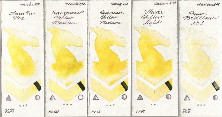 Winsor & Newton Professional 417 Aureolin Hue vs Royal Talens Rembrandt Watercolour 272 Transparent Yellow Medium vs Rosa Gallery 703 Cadmium Yellow Medium vs Daniel Smith 039 Hansa Yellow Light vs 256 Jaune Brilliant No 1 watercolor swatch