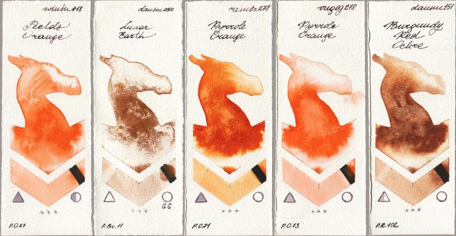 Winsor & Newton Professional 418 Fields Orange vs Daniel Smith 050 Lunar Earth vs Royal Talens Rembrandt Watercolour 278 Pyrrole Orange vs Royal Talens Van Gogh Watercolour 278 Pyrrole Orange vs 151 Burgundy Red Ochre watercolor swatch