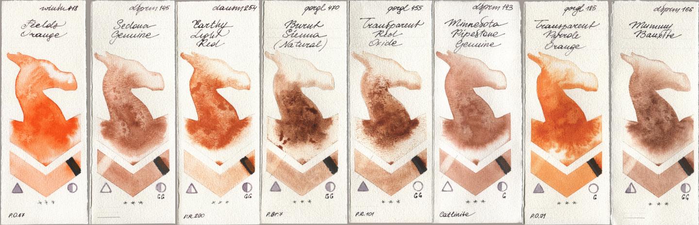 Winsor & Newton Professional 418 Fields Orange, Daniel Smith 145 Sedona Genuine, 254 Earthy Light Red, Golden QOR 470 Burnt Sienna (Natural), 455 Transparent Red Oxide, 143 Minnesota Pipestone Genuine, 185 Transparent Pyrrole Orange, 166 Mummy Bauxi watercolor swatch