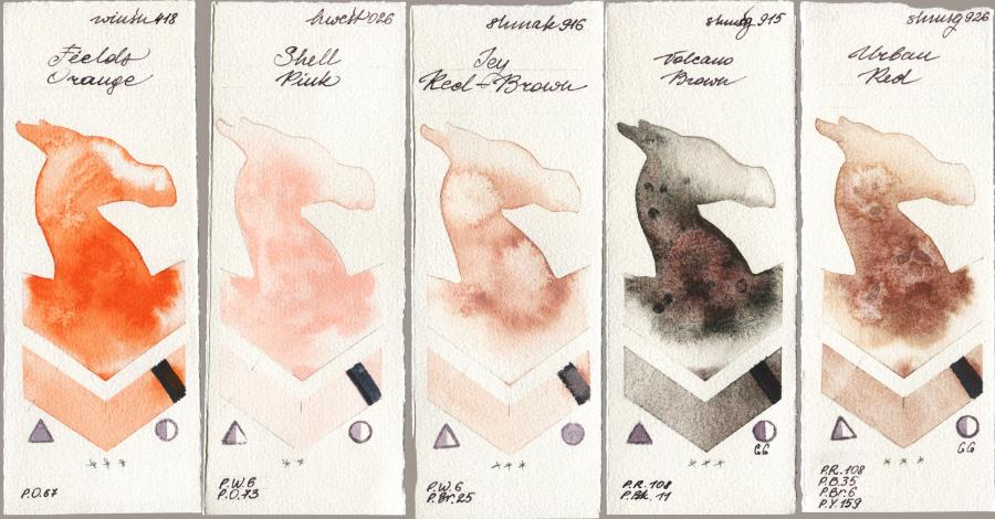 Winsor & Newton Professional 418 Fields Orange vs Holbein Artists Watercolor 026 Shell Pink vs Shminke Akademie Aquarell 916 Icy Red-Brown vs Shminke Horadam Aquarell 915 Volcano Brown vs 926 Urban Red watercolor swatch