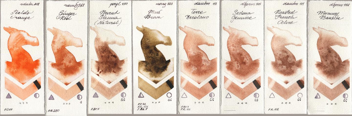 Winsor & Newton Professional 418 Fields Orange, Roman Szmal Aquarius 368 Genger Red, Golden QOR 470 Burnt Sienna (Natural), Rosa Gallery 723 Mars Brown, Daniel Smith 117 Terre Ercolano, 145 Sedona Genuine, 171 Roasted French Ochre, 166 Mummy Bauxi watercolor swatch