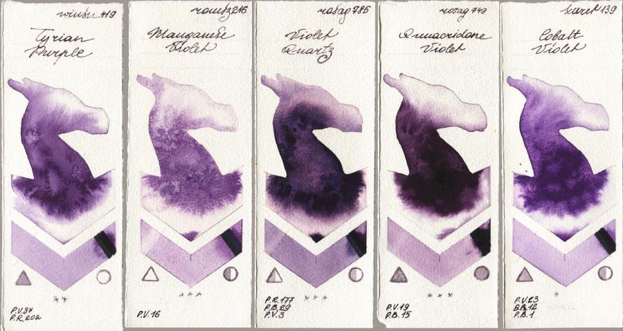 Winsor & Newton Professional 419 Tyrian Purple vs Roman Szmal Aquarius 216 Manganese Violet vs Rosa Gallery 785 Violet Quartz vs 749 Quinacridone Violet vs Kuretake Gansai Tambi 139 Cobalt Violet watercolor swatch