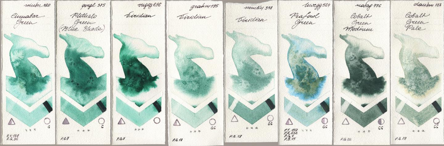 Winsor & Newton Professional 420 Cinnabar Green, Golden QOR 375 Phthalo Green (Blue Shade), Royal Talens Van Gogh Watercolour 616 Viridian, M. Graham & Co. Artists 195 Viridian, Maimeri Blu 348 Viridian, Holbein Artists Watercolor 524 Peafowl Green, Rosa Gallery 776 Cobalt Green Medium, Daniel Smith 027 Cobalt Green Pa watercolor swatch