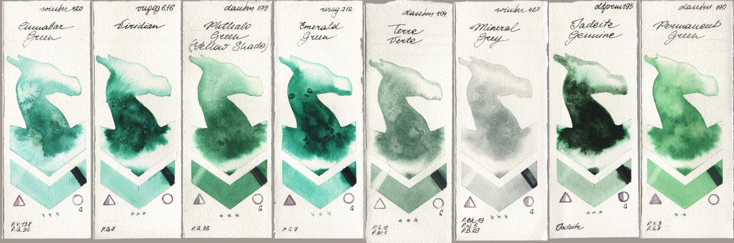 Winsor & Newton Professional 420 Cinnabar Green, Royal Talens Van Gogh Watercolour 616 Viridian, Daniel Smith 079 Phthalo Green (Yellow Shade), Rosa Gallery 712 Emerald Green, 104 Terre Verte, 427 Mineral Grey, 195 Jadeite Genuine, 070 Permanent Gre watercolor swatch
