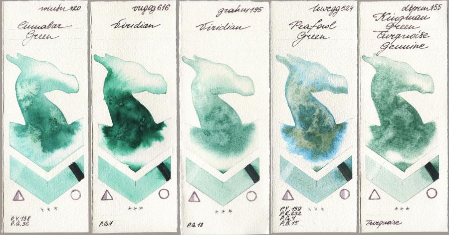 Winsor & Newton Professional 420 Cinnabar Green vs Royal Talens Van Gogh Watercolour 616 Viridian vs M. Graham & Co. Artists 195 Viridian vs Holbein Artists Watercolor 524 Peafowl Green vs Daniel Smith 155 Kingman Green Turquoise Genuine watercolor swatch