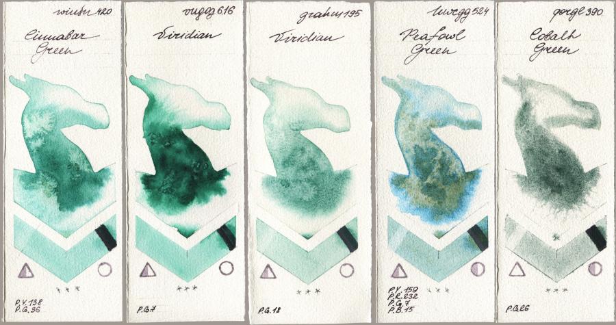 Winsor & Newton Professional 420 Cinnabar Green vs Royal Talens Van Gogh Watercolour 616 Viridian vs M. Graham & Co. Artists 195 Viridian vs Holbein Artists Watercolor 524 Peafowl Green vs Golden QOR 390 Cobalt Green watercolor swatch