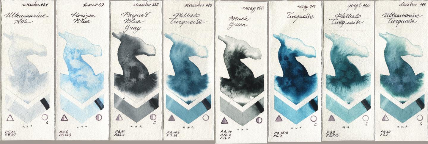 Winsor & Newton Professional 424 Ultramarine Ash, Kuretake Gansai Tambi 069 Horizon Blue, Daniel Smith 235 Paynes Blue Gray, 080 Phthalo Turquoise, Rosa Gallery 760 Black Green, 714 Turquoise, Golden QOR 365 Phthalo Turquoise, 105 Ultramarine Turquoi watercolor swatch