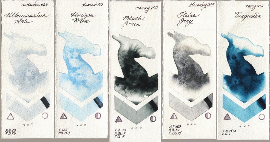 Winsor & Newton Professional 424 Ultramarine Ash vs Kuretake Gansai Tambi 069 Horizon Blue vs Rosa Gallery 760 Black Green vs Shminke Horadam Aquarell 935 Shire Grey vs 714 Turquiose watercolor swatch