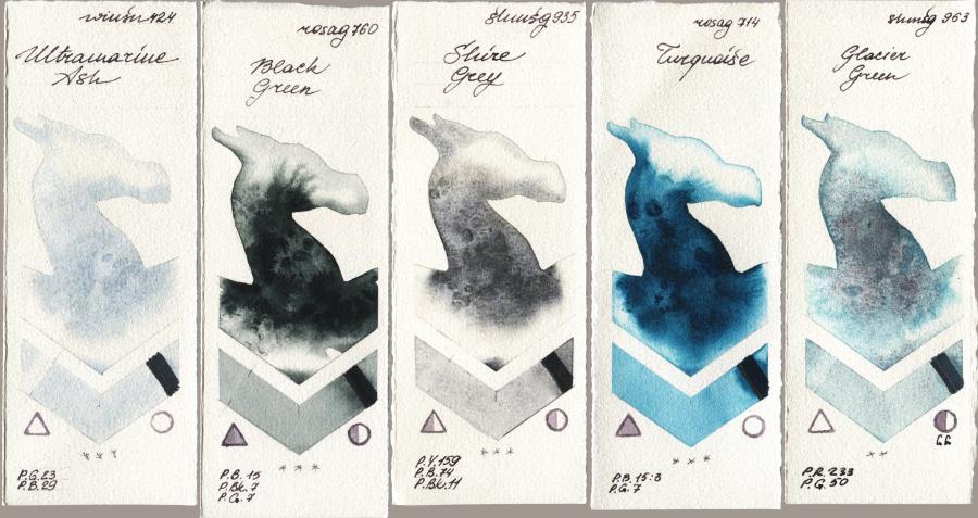 Winsor & Newton Professional 424 Ultramarine Ash vs Rosa Gallery 760 Black Green vs Shminke Horadam Aquarell 935 Shire Grey vs 714 Turquiose vs 963 Glacier Green watercolor swatch