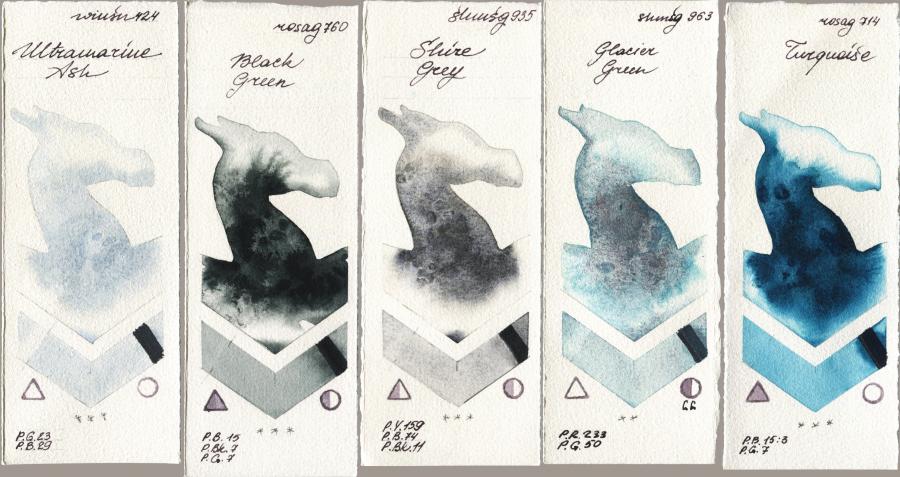 Winsor & Newton Professional 424 Ultramarine Ash vs Rosa Gallery 760 Black Green vs Shminke Horadam Aquarell 935 Shire Grey vs 963 Glacier Green vs 714 Turquiose watercolor swatch