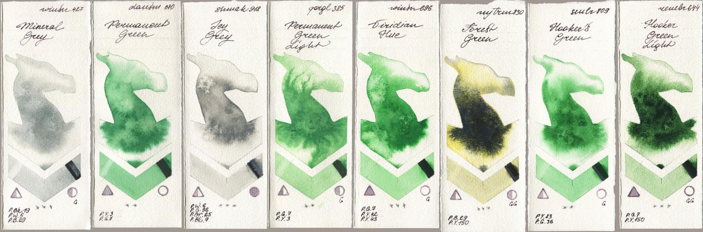 Winsor & Newton Professional 427 Mineral Grey, Daniel Smith 070 Permanent Green, Shminke Akademie Aquarell 918 Icy Grey, Golden QOR 385 Permanent Green Light, 696 Viridian Hue, Mijello Mission Gold 830 Forest Green, Sennelier l Aquarelle 809 Hookers Green, Royal Talens Rembrandt Watercolour 644 Hooker Green Lig watercolor swatch