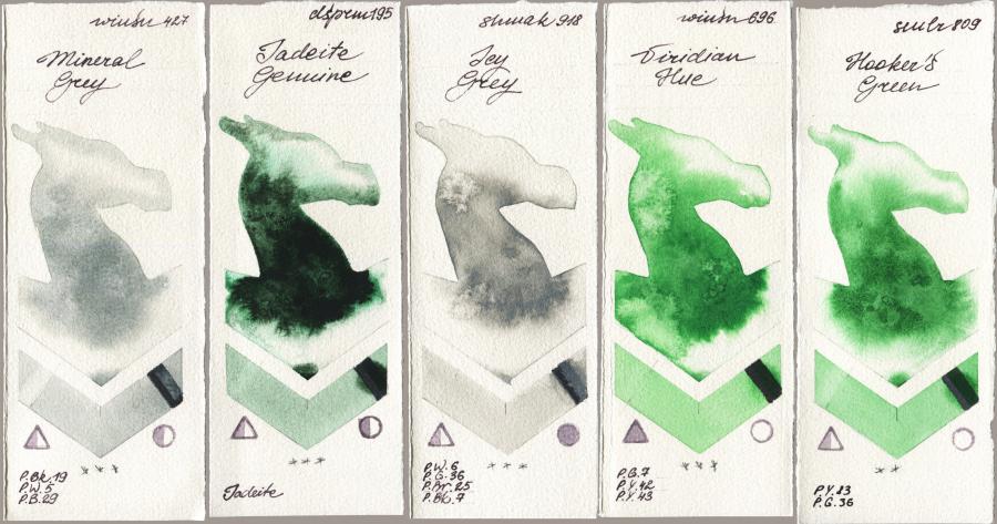 Winsor & Newton Professional 427 Mineral Grey vs Daniel Smith 195 Jadeite Genuine vs Shminke Akademie Aquarell 918 Icy Grey vs 696 Viridian Hue vs Sennelier l Aquarelle 809 Hookers Green watercolor swatch