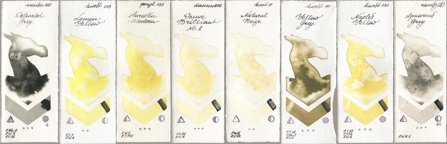Winsor & Newton Professional 428 Ostwald Grey, Holbein Artists Watercolor 033 Lemon Yellow, Golden QOR 135 Aureolin Modern, Daniel Smith 256 Jaune Brilliant No 1, Kuretake Gansai Tambi 011 Natural Beige, 151 Yellow Grey, 030 Naples Yellow, Roman Szmal Aquarius 253 Aquarius Gr watercolor swatch