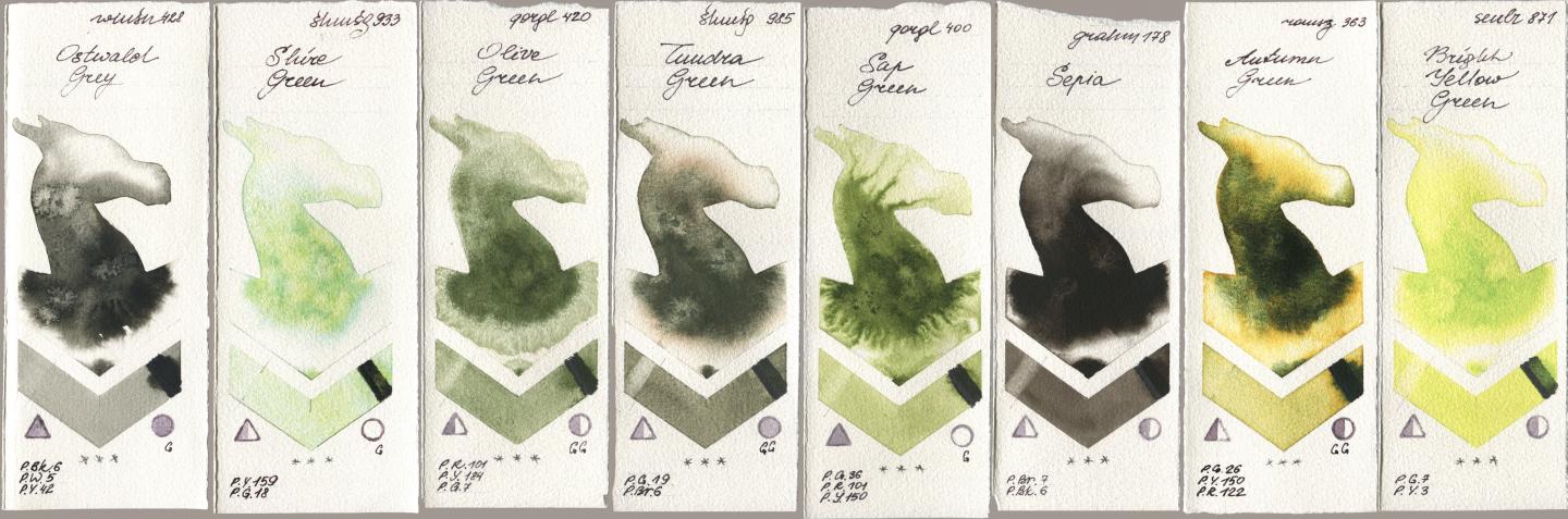 Winsor & Newton Professional 428 Ostwald Grey, Shminke Horadam Aquarell 933 Shire Green, Golden QOR 420 Olive Green, 985 Tundra Green, 400 Sap Green, M. Graham & Co. Artists 178 Sepia, Roman Szmal Aquarius 363 Autumn Green, Sennelier l Aquarelle 871 Bright Yellow Gre watercolor swatch