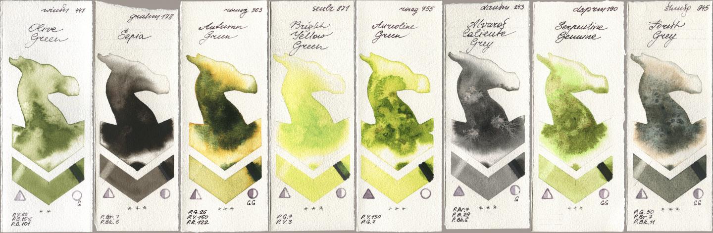 Winsor & Newton Professional 447 Olive Green, M. Graham & Co. Artists 178 Sepia, Roman Szmal Aquarius 363 Autumn Green, Sennelier l Aquarelle 871 Bright Yellow Green, Rosa Gallery 755 Aureoline Green, Daniel Smith 243 Alvaros Caliente Grey, 190 Serpentine Genuine, Shminke Horadam Aquarell 945 Forest Gr watercolor swatch