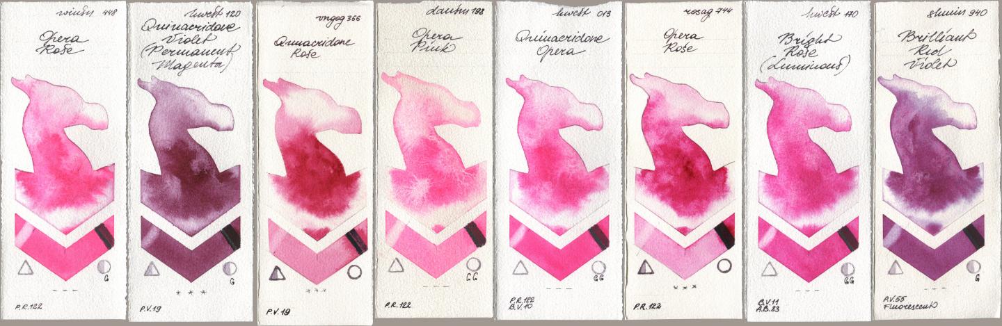 Winsor & Newton Professional 448 Opera Rose, Holbein Artists Watercolor 120 Quinacridone Violet (Permanent Magenta), Royal Talens Van Gogh Watercolour 366 Quinacridone Rose, Daniel Smith 198 Opera Pink, 013 Opera (Quinacridone Opera), Rosa Gallery 744 Opera Rose, 170 Bright Rose (Luminous), Shminke Horadam Aquarell 940 Brilliant Red Viol watercolor swatch