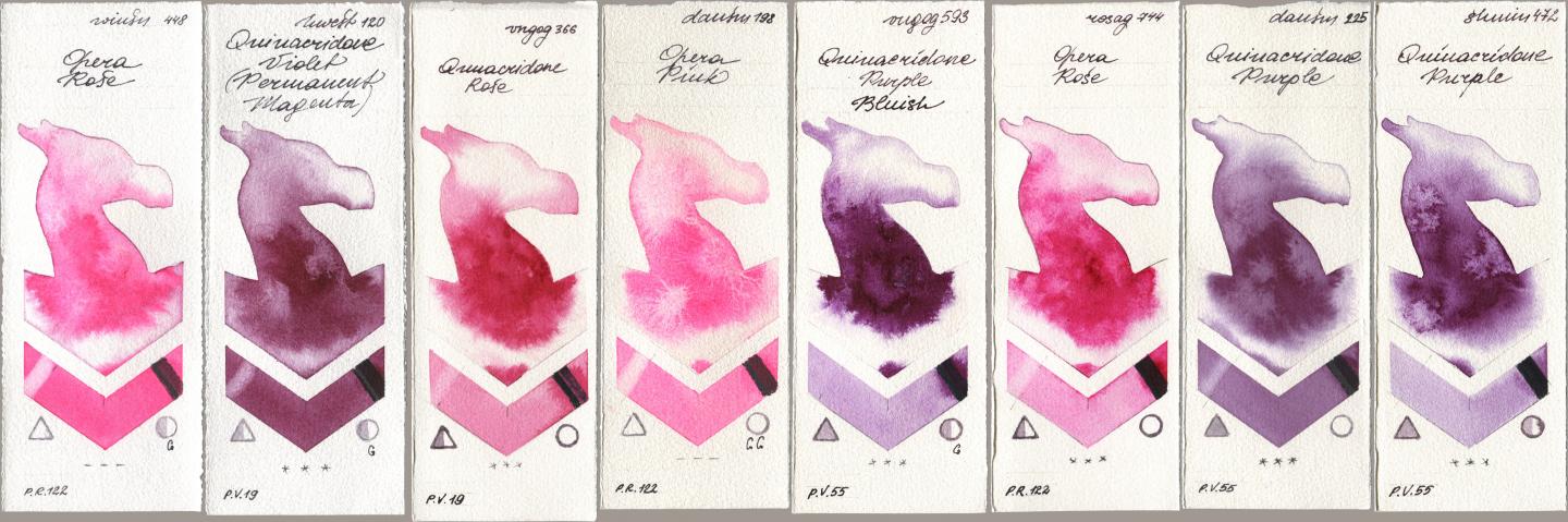Winsor & Newton Professional 448 Opera Rose, Holbein Artists Watercolor 120 Quinacridone Violet (Permanent Magenta), Royal Talens Van Gogh Watercolour 366 Quinacridone Rose, Daniel Smith 198 Opera Pink, 593 Quinacridone Purple Bluish, Rosa Gallery 744 Opera Rose, 225 Quinacridone Purple, Shminke Horadam Aquarell 472 Quinacridone Purp watercolor swatch